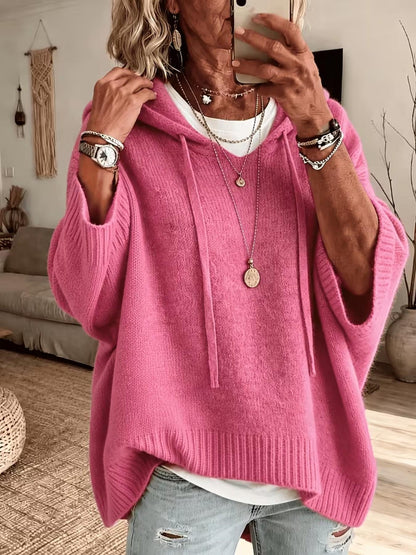 Women New Loose Batwing Short‑Sleeve Hooded Drawstring Knit Sweater
