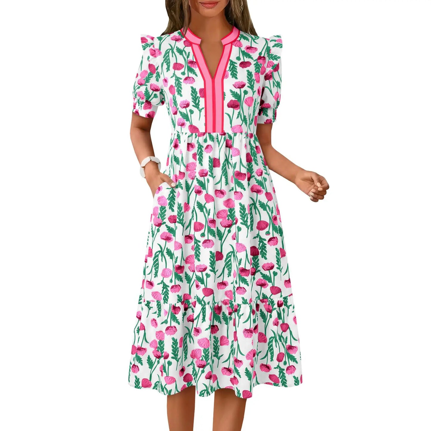 Women's Summer Midi Dress Casual Floral Puff Short Sleeve V Neck Swing