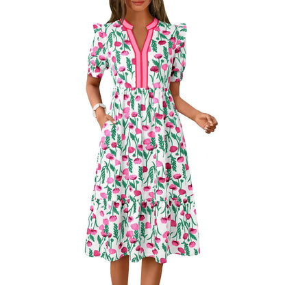 Women's Summer Midi Dress Casual Floral Puff Short Sleeve V Neck Swing