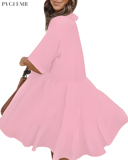 Women's Short Sleeve Babydoll Dress Button Down Dresses with Pockets