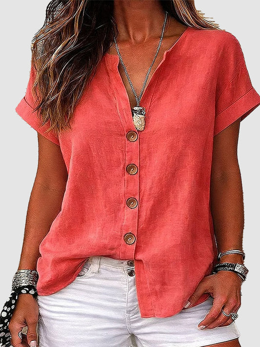 Women's V-Neck Button-Down Short Sleeve Shirt