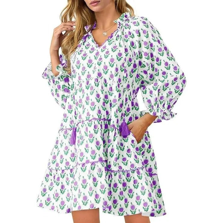 Women's Casual Floral Ruffle V-Neck Mini Dress with Pockets