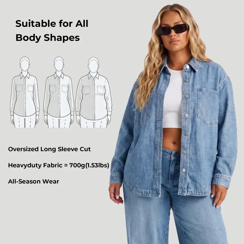 Women Vintage Washed Denim Shacket Long Sleeve Oversized Shacket