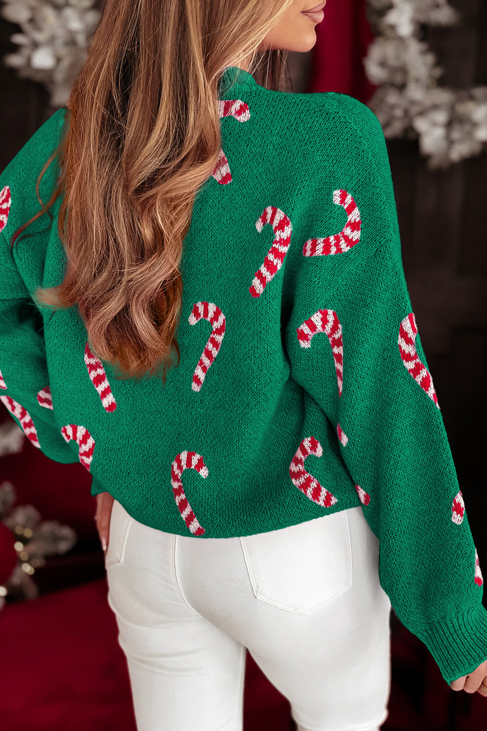 ✨Womens Christmas Candy Cane Holiday Drop Shoulder Sweater