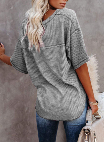 ✨Women's Causual V Neck Short Sleeve Shirts Waffle Knit Loose Tunic Tops