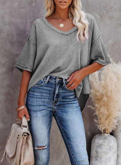 ✨Women's Causual V Neck Short Sleeve Shirts Waffle Knit Loose Tunic Tops