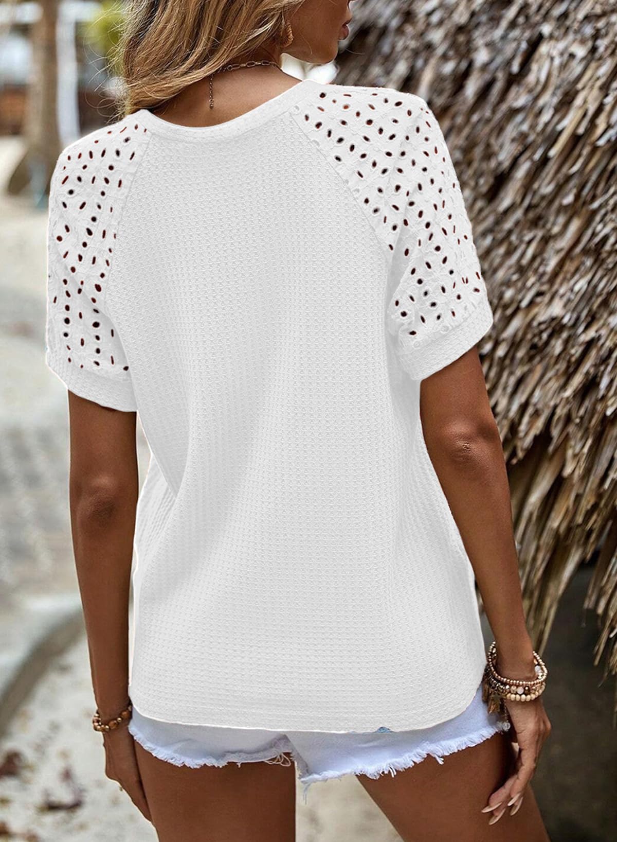 ✨Women's Casual Crew Neck Hollow Out Raglan Short Sleeve Waffle Knit Tops