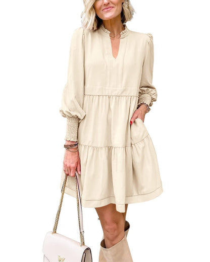 Women's  Casual V Neck Fall Long Sleeve Loose Ruffle Tiered Dress