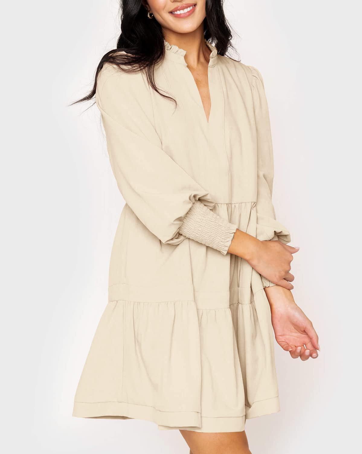 Women's  Casual V Neck Fall Long Sleeve Loose Ruffle Tiered Dress