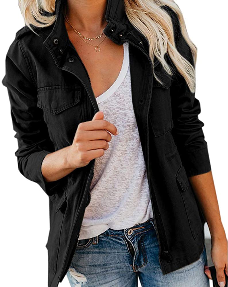 Women's Fall Stand Collar Zip Up Military Cotton Utility Safari Jacket