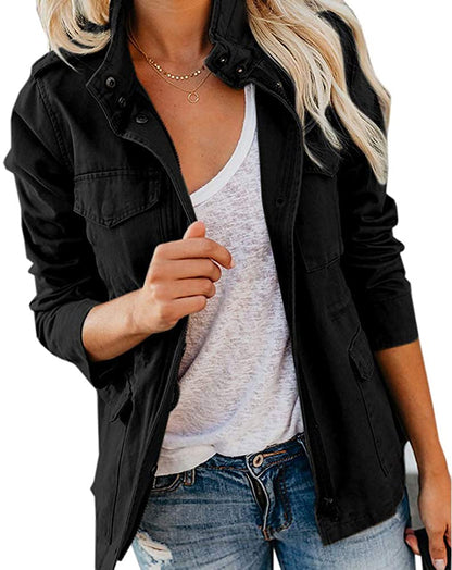 Women's Fall Stand Collar Zip Up Military Cotton Utility Safari Jacket
