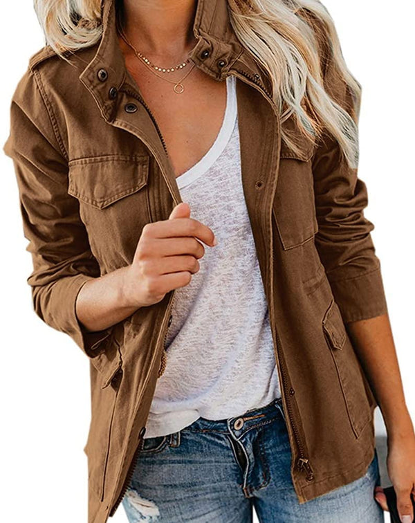 Women's Fall Stand Collar Zip Up Military Cotton Utility Safari Jacket