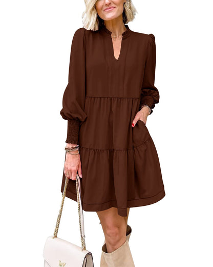 Women's  Casual V Neck Fall Long Sleeve Loose Ruffle Tiered Dress