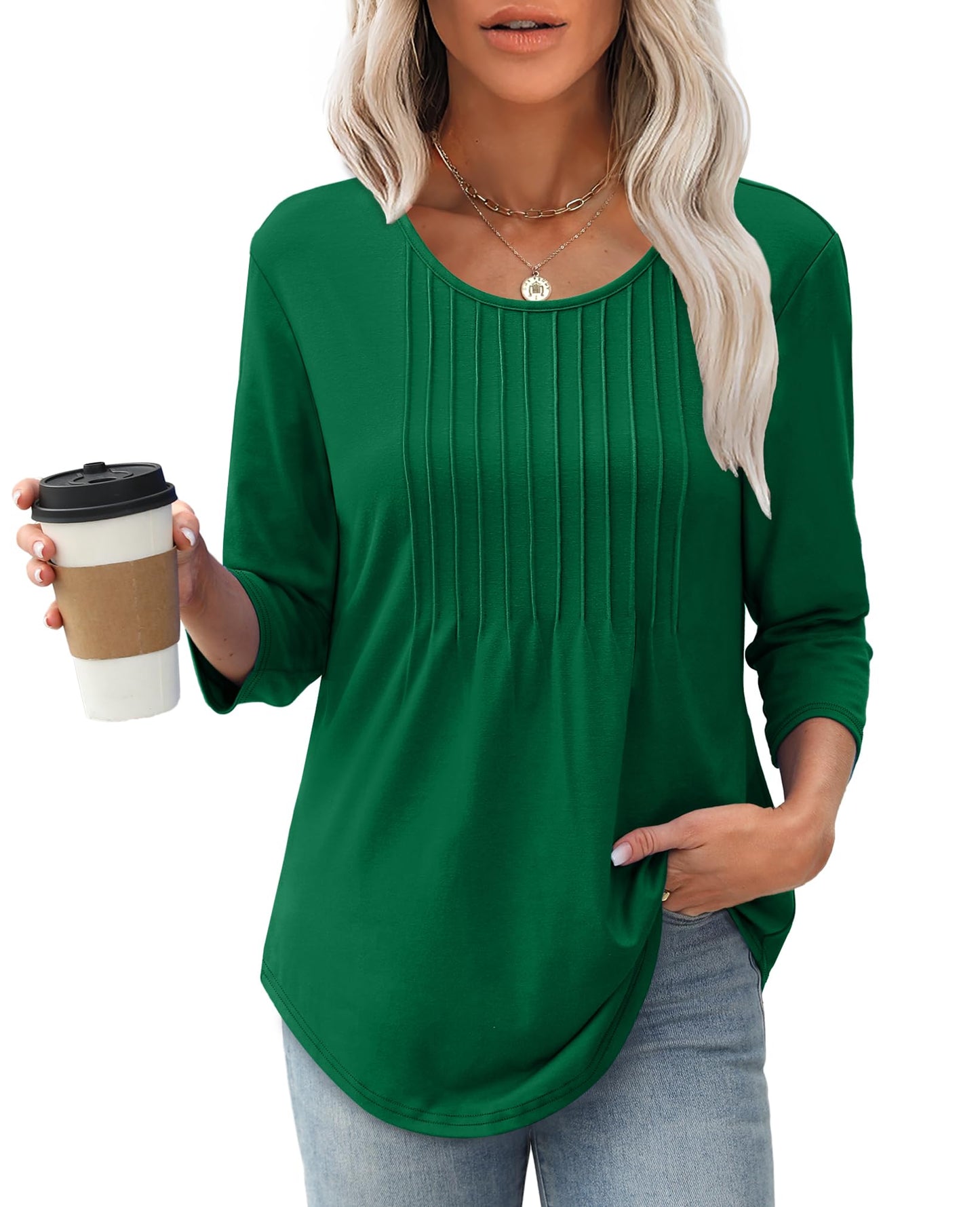 ✨Women's 3/4 Length Sleeve Crewneck Casual Pleated Tunic Tops