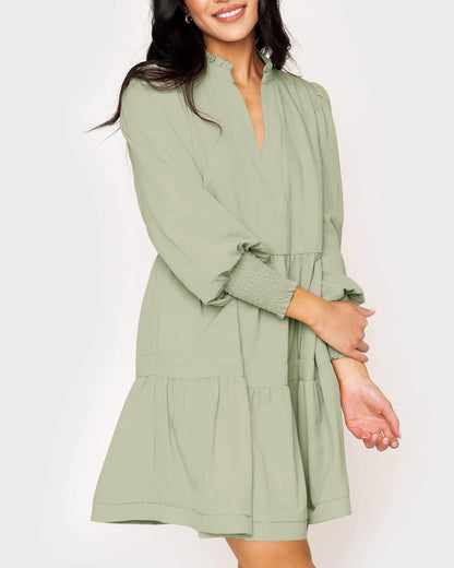 Women's  Casual V Neck Fall Long Sleeve Loose Ruffle Tiered Dress