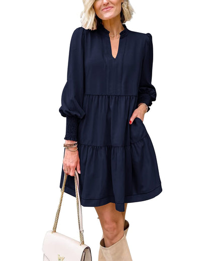 Women's  Casual V Neck Fall Long Sleeve Loose Ruffle Tiered Dress
