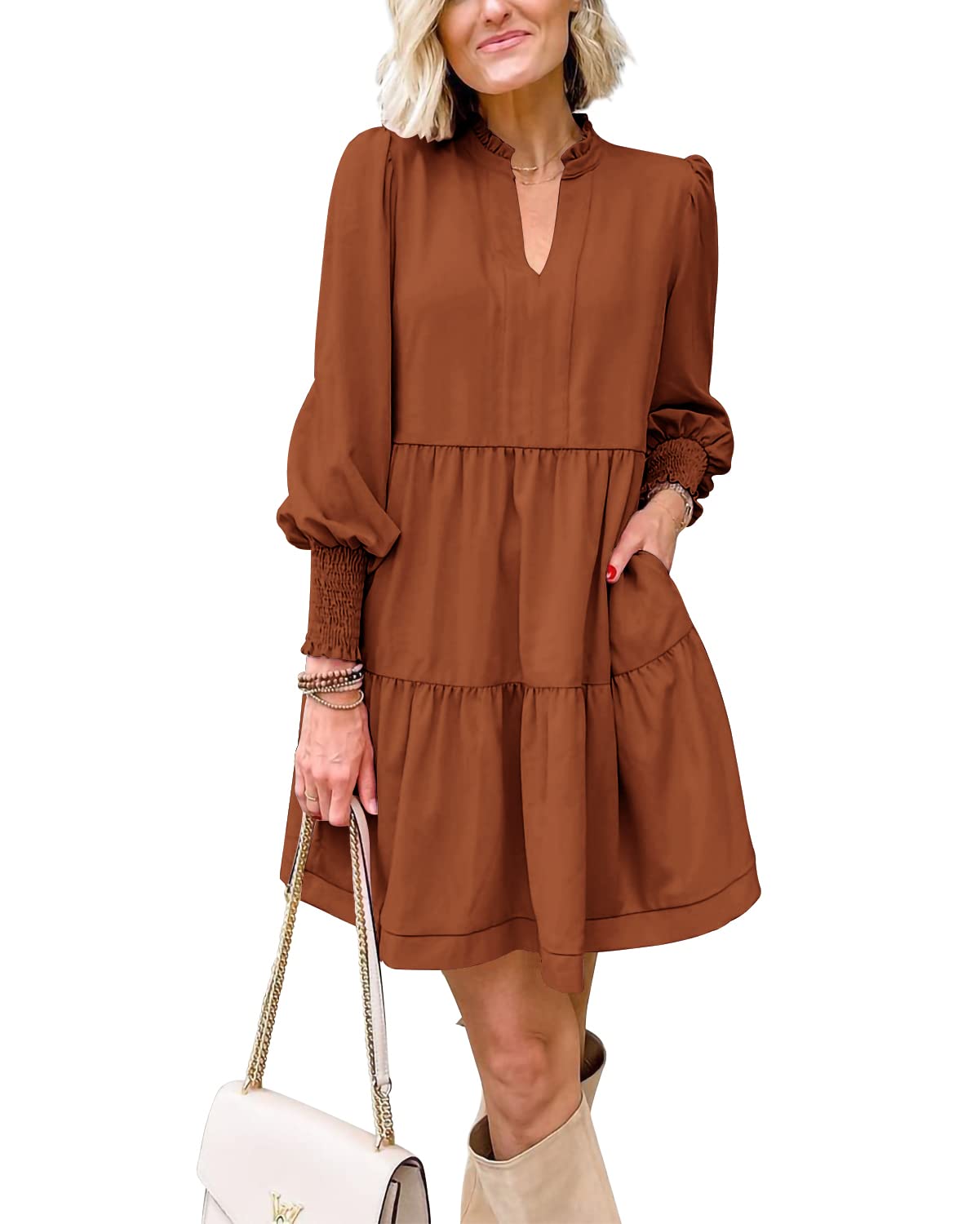 Women's  Casual V Neck Fall Long Sleeve Loose Ruffle Tiered Dress