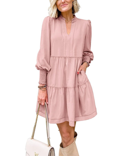Women's  Casual V Neck Fall Long Sleeve Loose Ruffle Tiered Dress