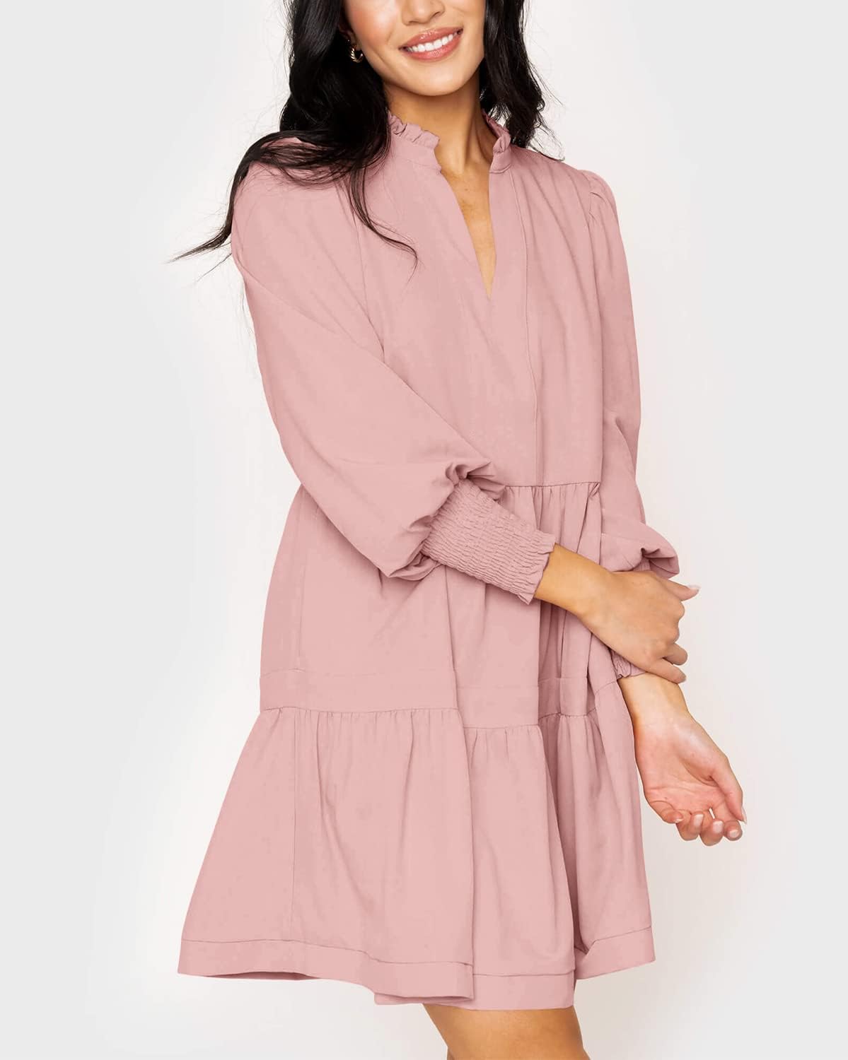 Women's  Casual V Neck Fall Long Sleeve Loose Ruffle Tiered Dress