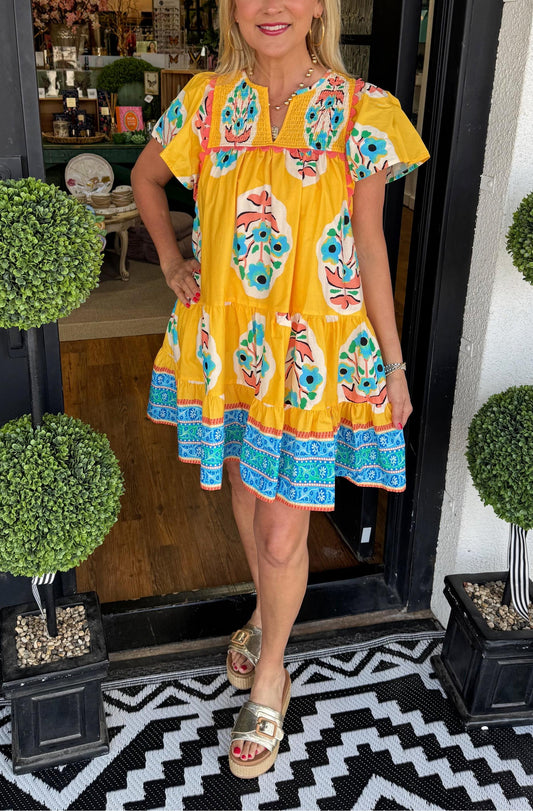 Women's V-neck Pleated Print Short Dress