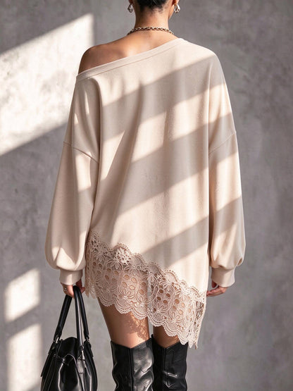 Women Off Shoulder Lace Hem Long Sleeve Waffle Knit Tunic Top
