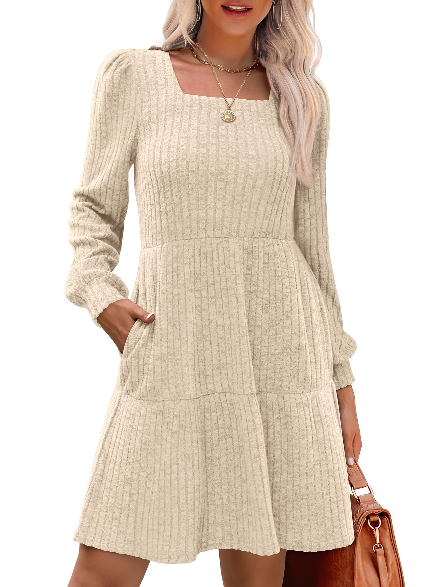 ✨Women's Square Neck Lantern Sleeve Ribbed Dress