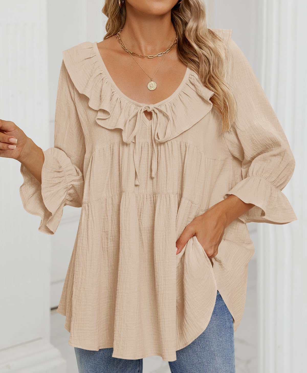 ✨2025 New Women’s Scoop Neck 3/4 Length Sleeve Tie Front Ruffle Tiered Tunic Shirts