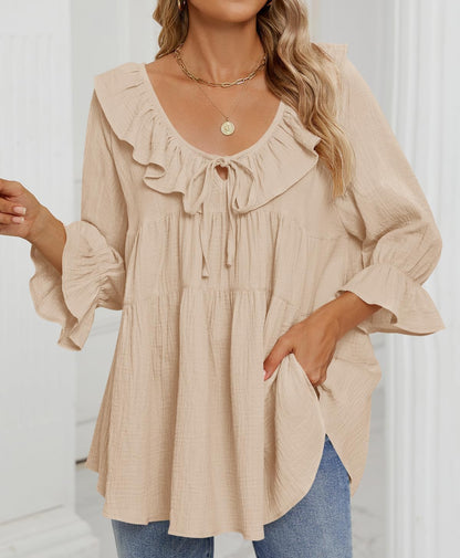 ✨2025 New Women’s Scoop Neck 3/4 Length Sleeve Tie Front Ruffle Tiered Tunic Shirts