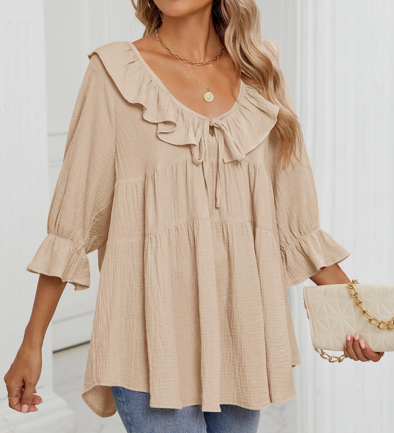 ✨2025 New Women’s Scoop Neck 3/4 Length Sleeve Tie Front Ruffle Tiered Tunic Shirts