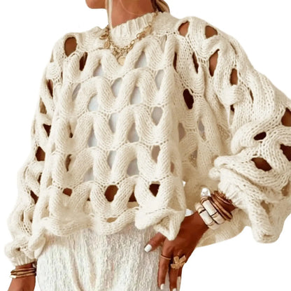 Women Boho Loose Balloon Sleeve Hollow Out Cable Knit Oversized Pullover Sweater Spring Autumn Layering Top