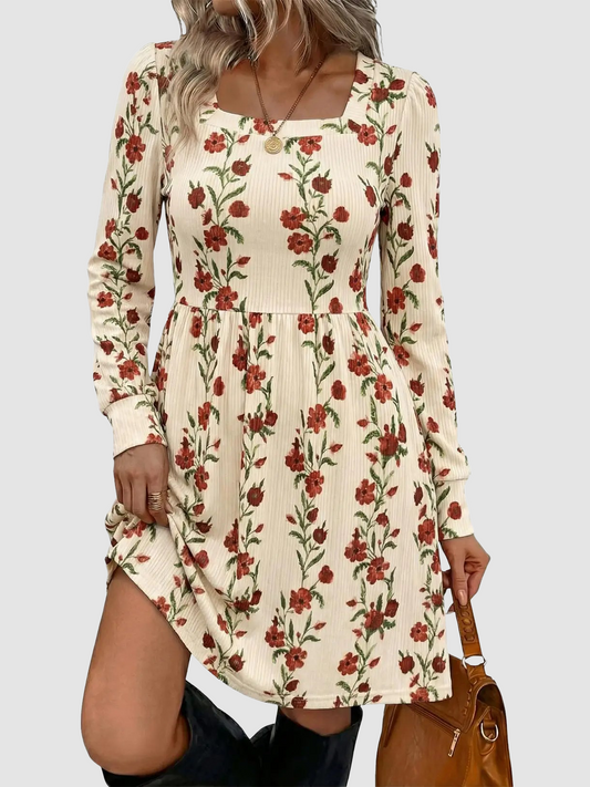 Square Neck Long Sleeve Floral Print Dress With Pockets