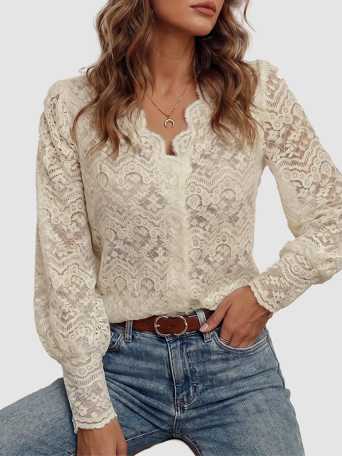 Women Scallop V Neck Floral Lace Button Down Puff Sleeve Shirt