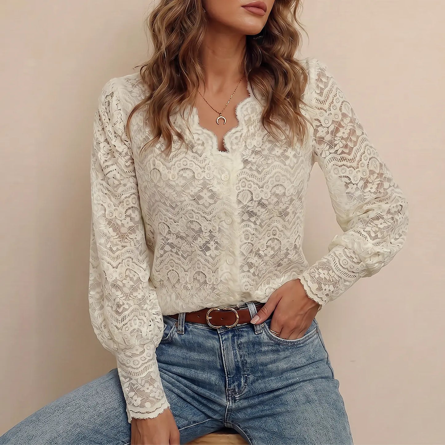 Women Scallop V Neck Floral Lace Button Down Puff Sleeve Shirt