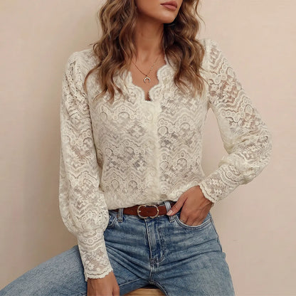 Women Scallop V Neck Floral Lace Button Down Puff Sleeve Shirt