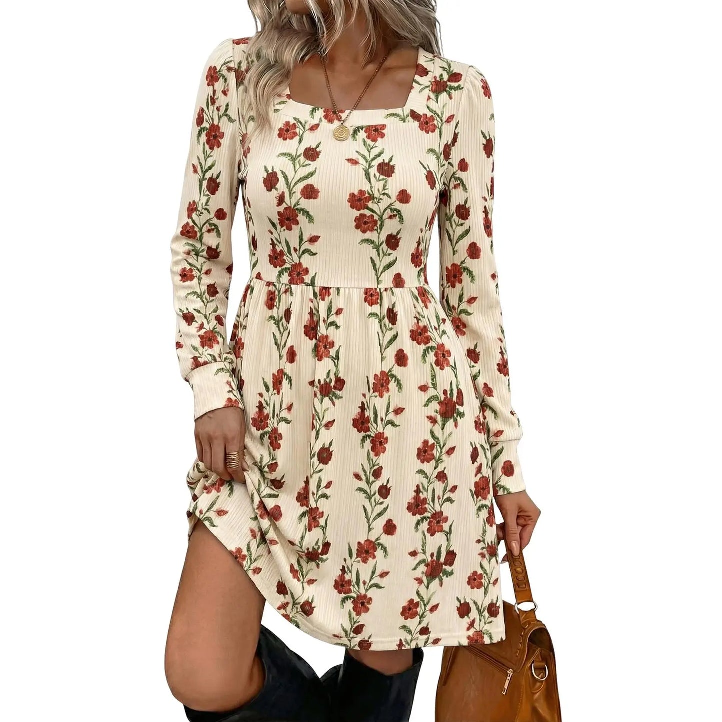 Square Neck Long Sleeve Floral Print Dress With Pockets