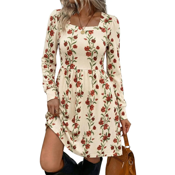 Square Neck Long Sleeve Floral Print Dress With Pockets