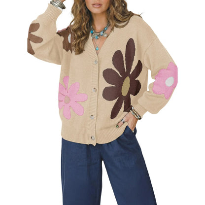 V-Neck Floral Pattern Button Knit Cardigan