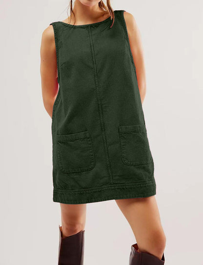 ⏰Hot Sale-Women's Round Neck Corduroy Overall Dress