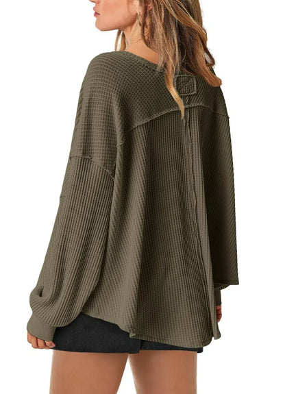 Women's Waffle Knit Oversized V Neck Batwing Long Sleeve Tops