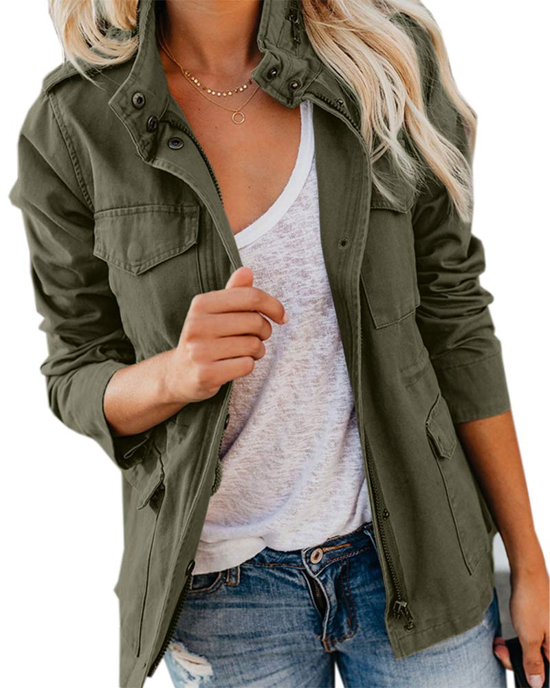 Women's Fall Stand Collar Zip Up Military Cotton Utility Safari Jacket