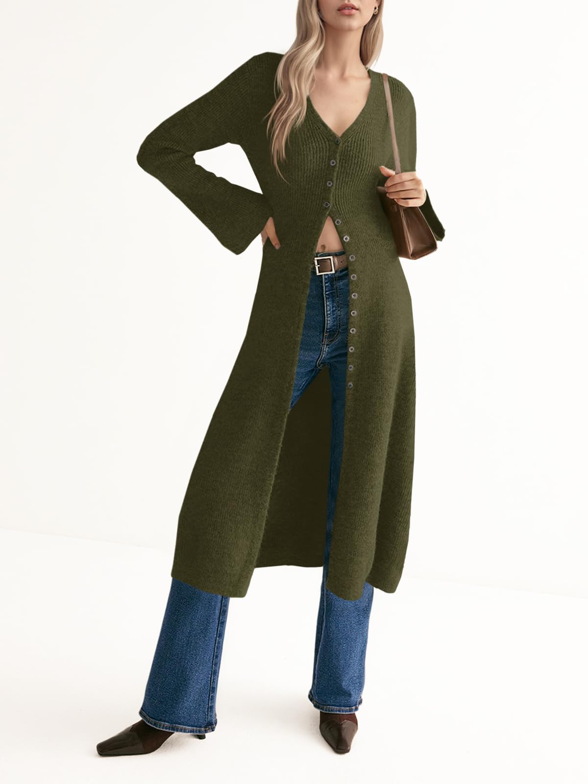 Women's V Neck Bell Sleeve Maxi Knit Cardigan