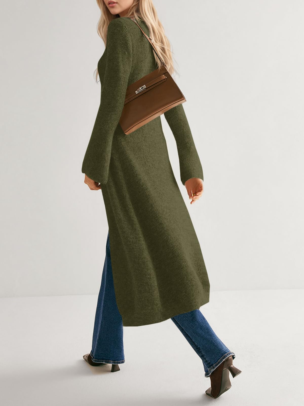 Women's V Neck Bell Sleeve Maxi Knit Cardigan