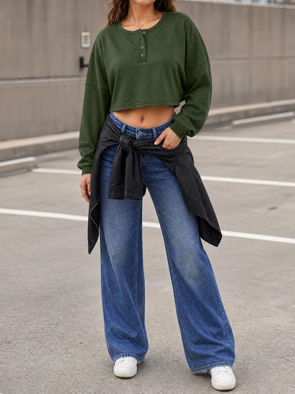 Womens Long Sleeve Cropped Henley Neck Sweatshirts