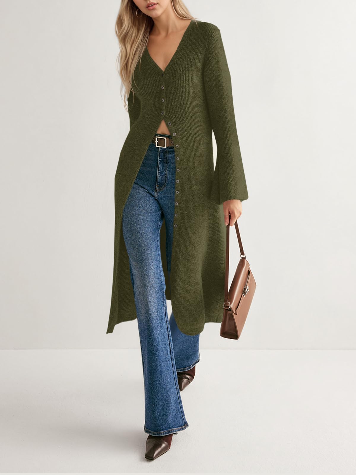 Women's V Neck Bell Sleeve Maxi Knit Cardigan