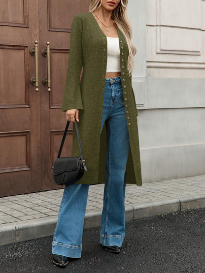 Women's V Neck Bell Sleeve Maxi Knit Cardigan