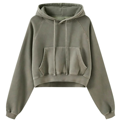Retro Washed Drawstring Cropped Hooded Sweatshirt