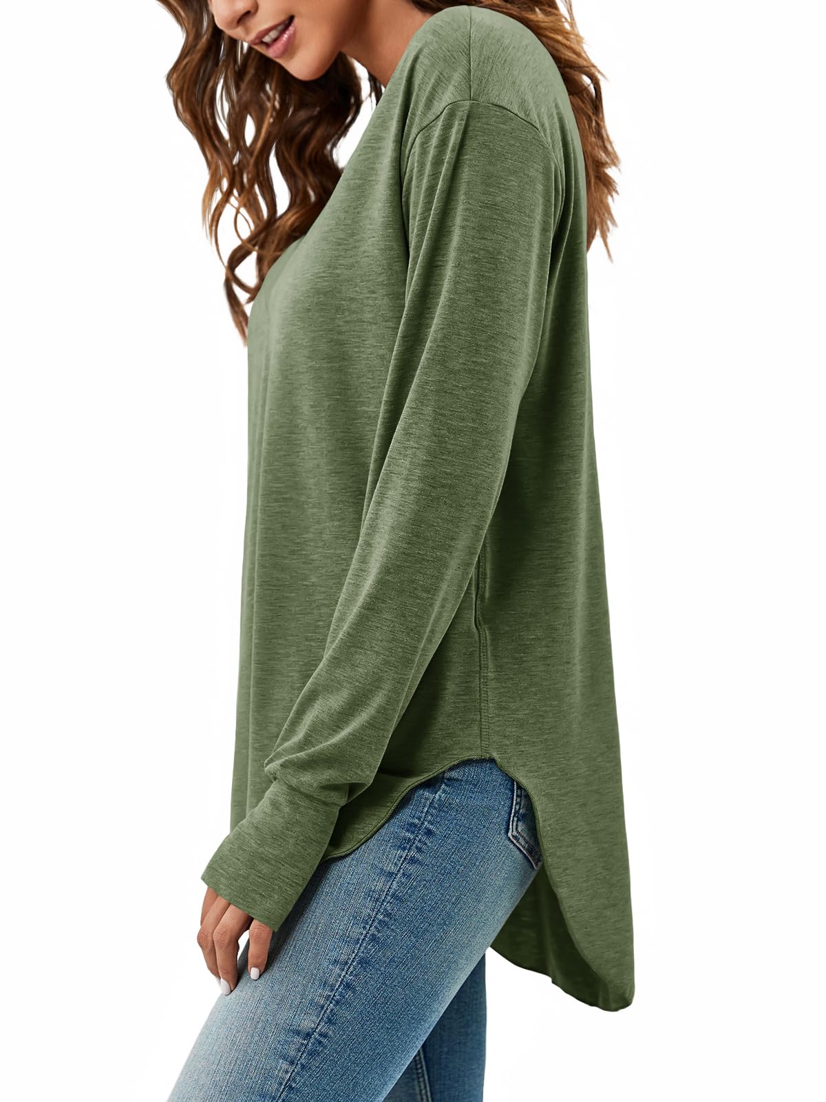 Womens Deep V Neck Long Sleeve Oversized Casual Curved Hem Tunic Tops