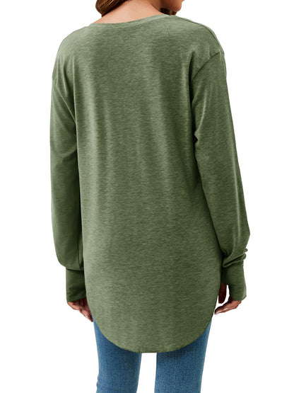 Womens Deep V Neck Long Sleeve Oversized Casual Curved Hem Tunic Tops
