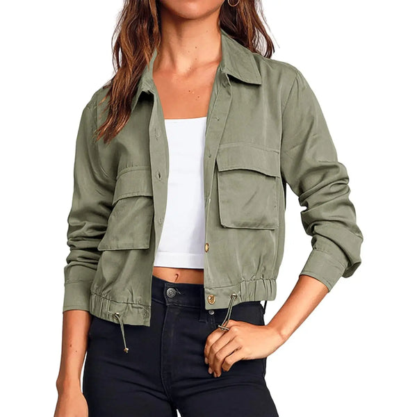 Women Lapel Collar Button Down Pocket Drawstring Hem Cargo Windbreaker Jacket