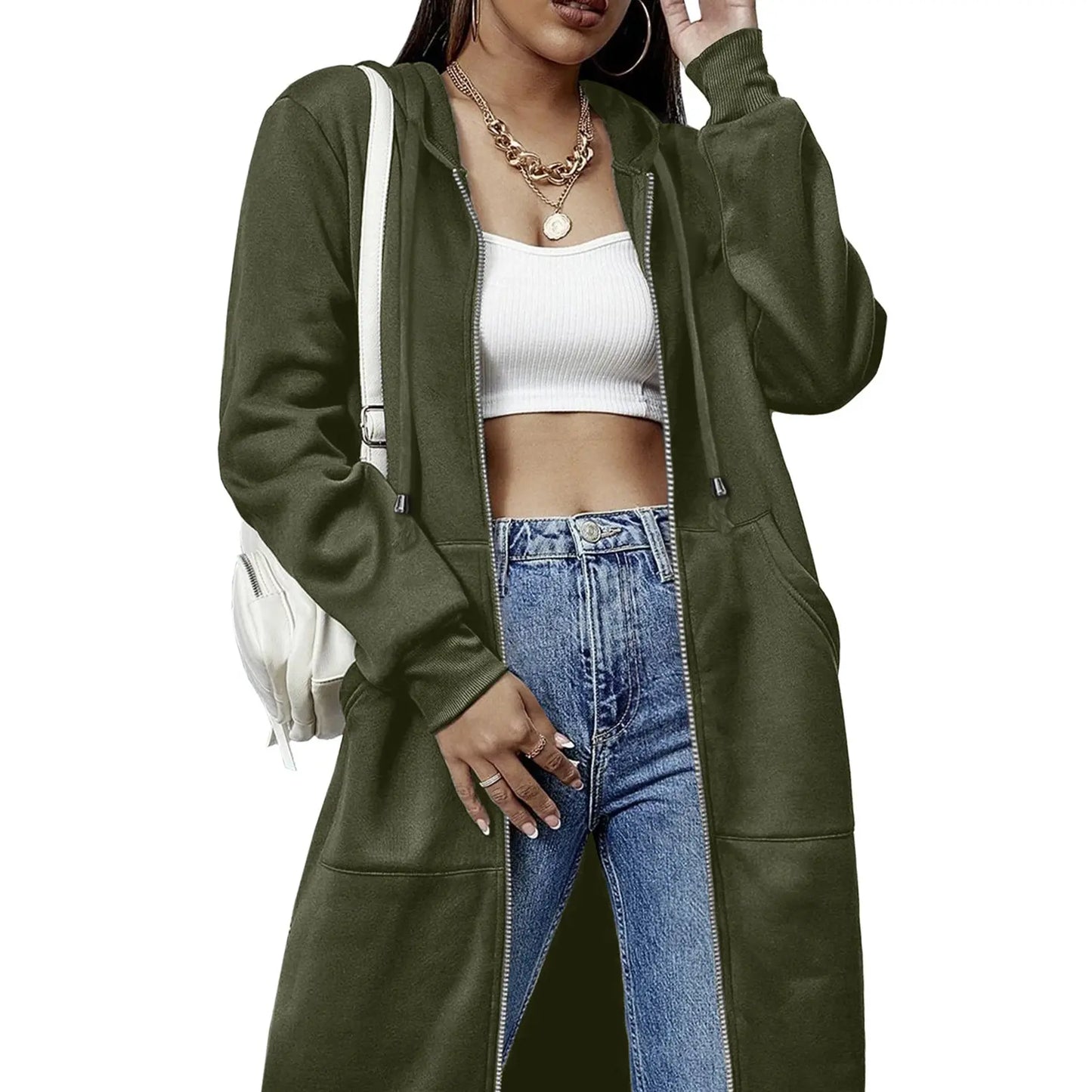 Women Oversized Full Zip Long Length Hooded Jacket with Side Pockets
